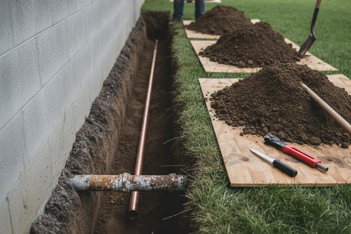 Excavated water line trench during Water Heater Repair in San Simeon